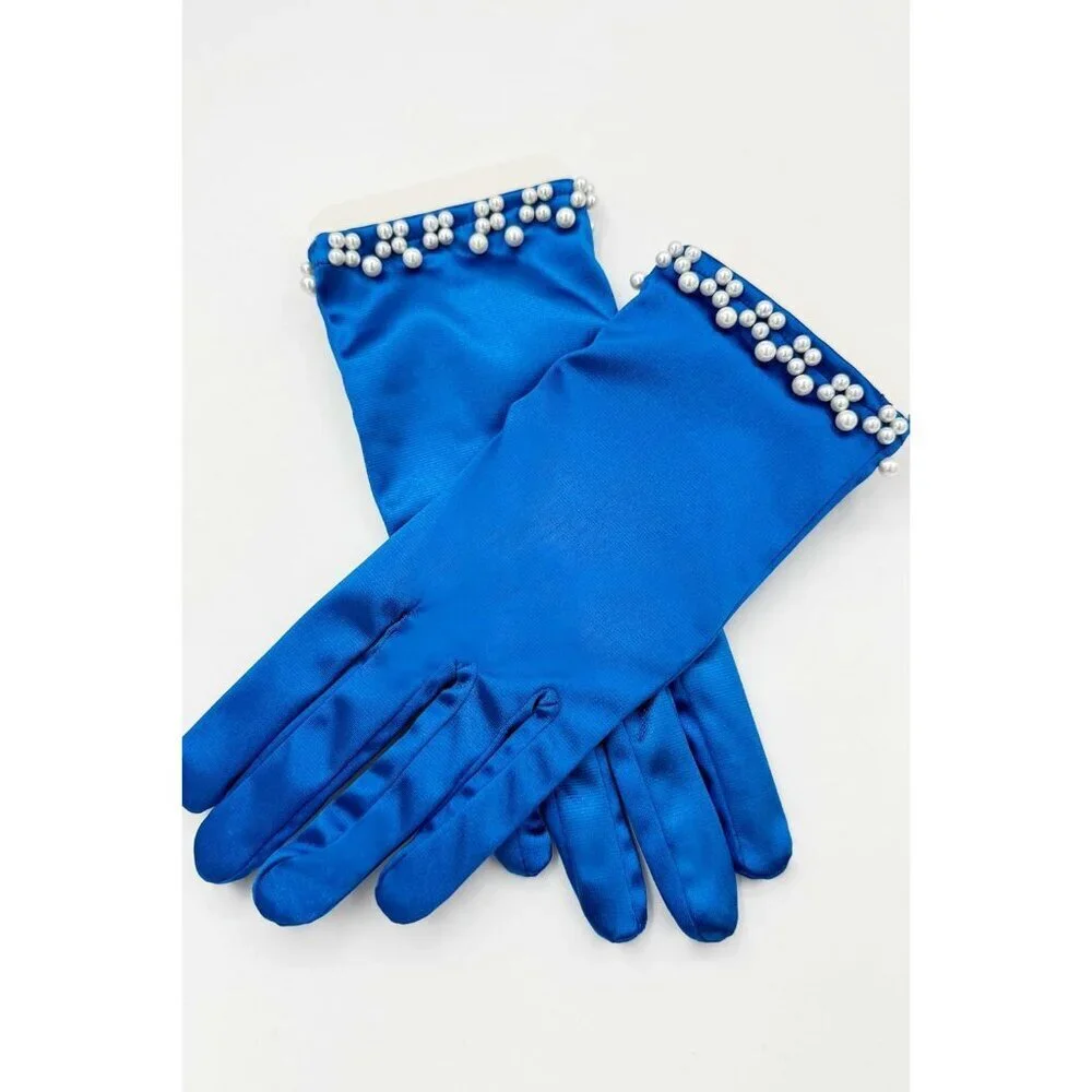 Women's Elegant Blue Floral Short Lace Wrist Gloves Bridal Dinner Party Prom